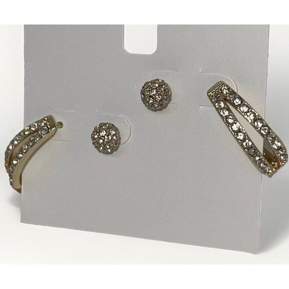 Gold Tone Crystal Earrings (2pc Set) Stunning Chic Fashion Trendy Stylish NWT - Picture 2 of 13